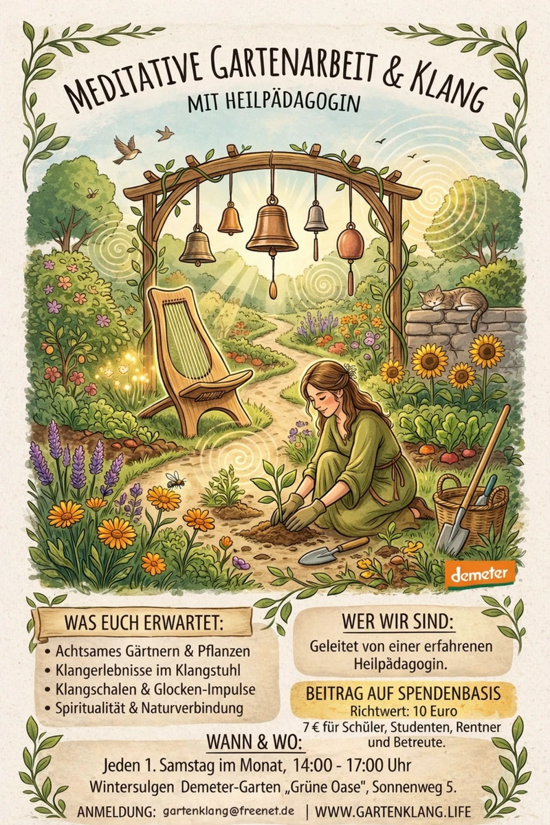 Illustrationsplakat zu Meditative Gartenarbeit & Klang im Garten von Gartenklang